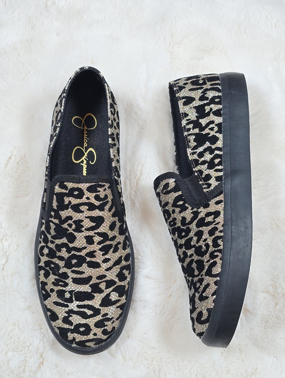 jessica simpson womens animal print slip on shoes size 9m chic metallic boho